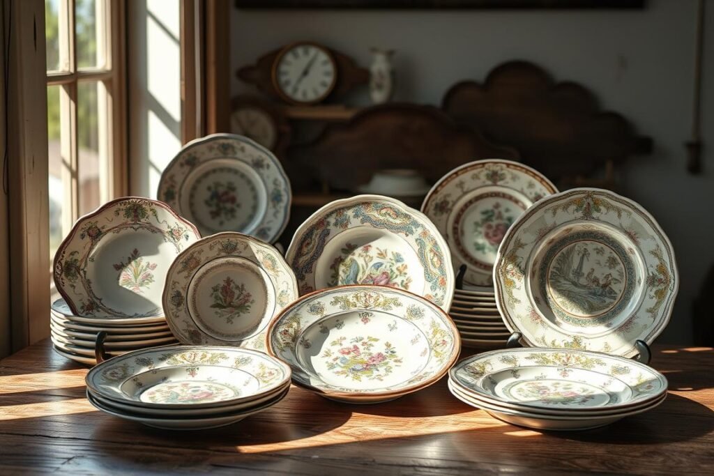 high-quality vintage plates with intricate designs, arranged on a wooden surface in a well-lit studio setting, with soft shadows and natural lighting accentuating the textures and colors of the ceramic, creating a warm and inviting atmosphere that showcases the timeless elegance of these antique treasures high-quality vintage plates with intricate designs, arranged on a wooden surface in a well-lit studio setting, with soft shadows and natural lighting accentuating the textures and colors of the ceramic, creating a warm and inviting atmosphere that showcases the timeless elegance of these antique treasures