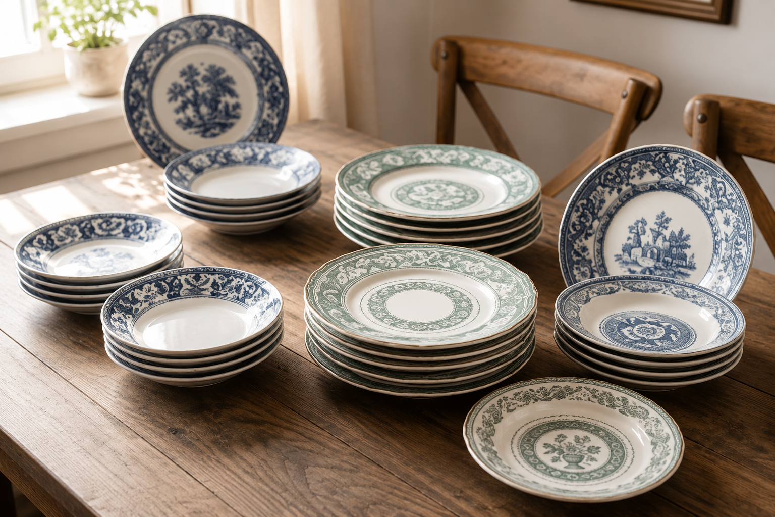 Mixed vintage plates in floral, geometric and mid-century styles