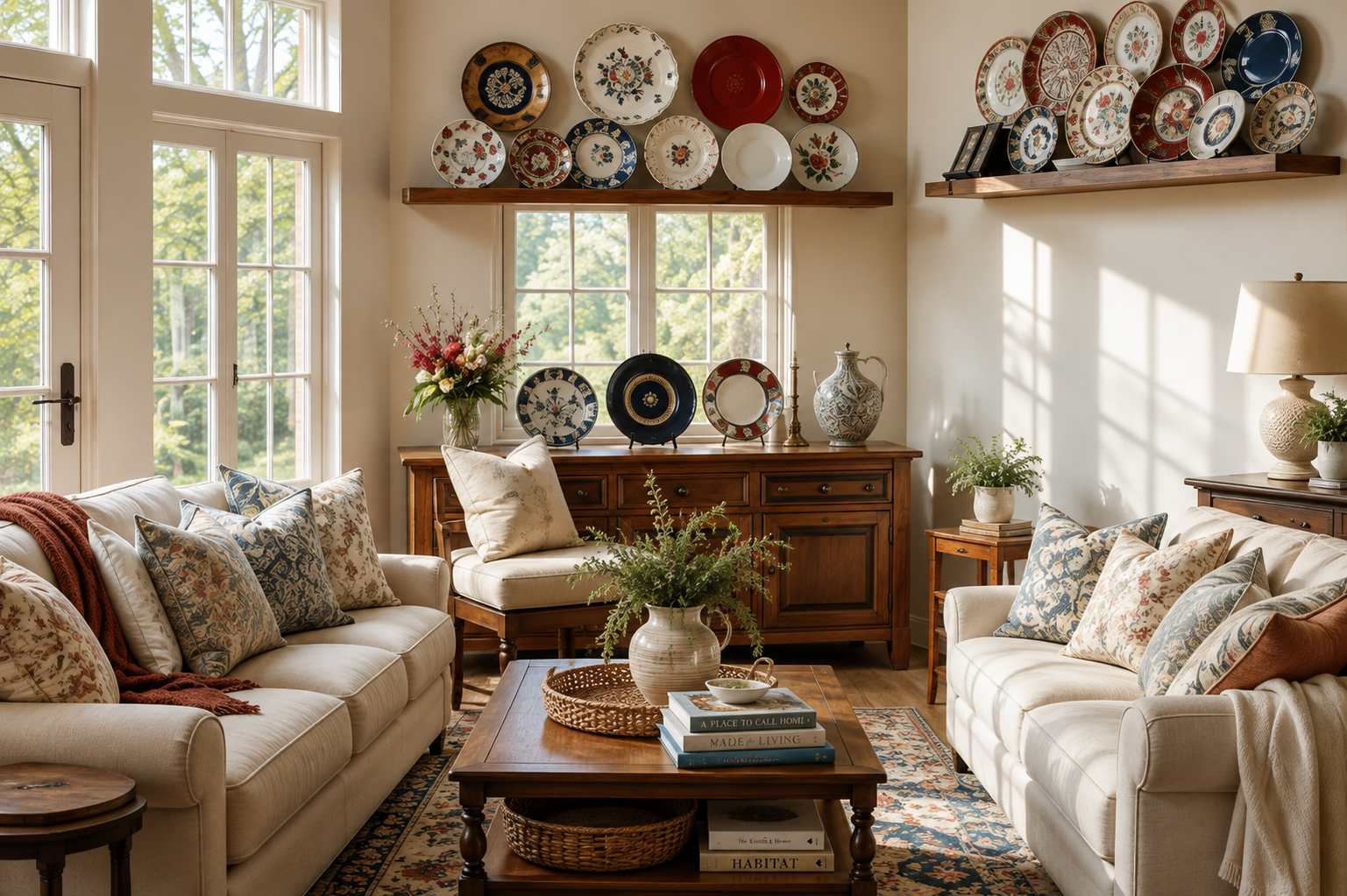 Vintage plates displayed as shelf decor and wall art in a modern home