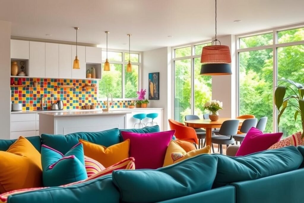 A bright, colorful interior with vibrant accents and playful patterns. In the foreground, a cozy living space with plush furniture in shades of teal, mustard, and magenta. Throw pillows and textiles add pops of color. In the middle ground, a modern kitchen with sleek white cabinets and a vibrant backsplash of multicolored tiles. Warm pendant lighting casts a cozy glow. The background features large windows overlooking a lush, verdant outdoor scene, allowing natural light to flood the space. The overall atmosphere is one of warmth, creativity, and joyful self-expression through interior design.