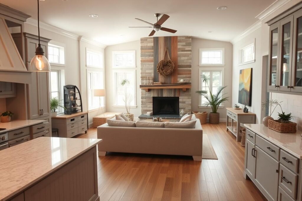 A cozy and functional kitchen-living room combo with a modern farmhouse aesthetic. In the foreground, a well-equipped kitchen with a large center island, quartz countertops, and shaker-style cabinets in a soft gray hue. Centered in the middle ground, a plush L-shaped sectional sofa in a neutral tone, facing a rustic wood-paneled fireplace. Warm pendant lighting casts a gentle glow over the space. Tall windows in the background allow natural light to flood the room, complemented by earthy, textured decor accents such as woven baskets and potted greenery. The overall atmosphere is inviting, harmonious, and tailored to a comfortable, open-concept living.