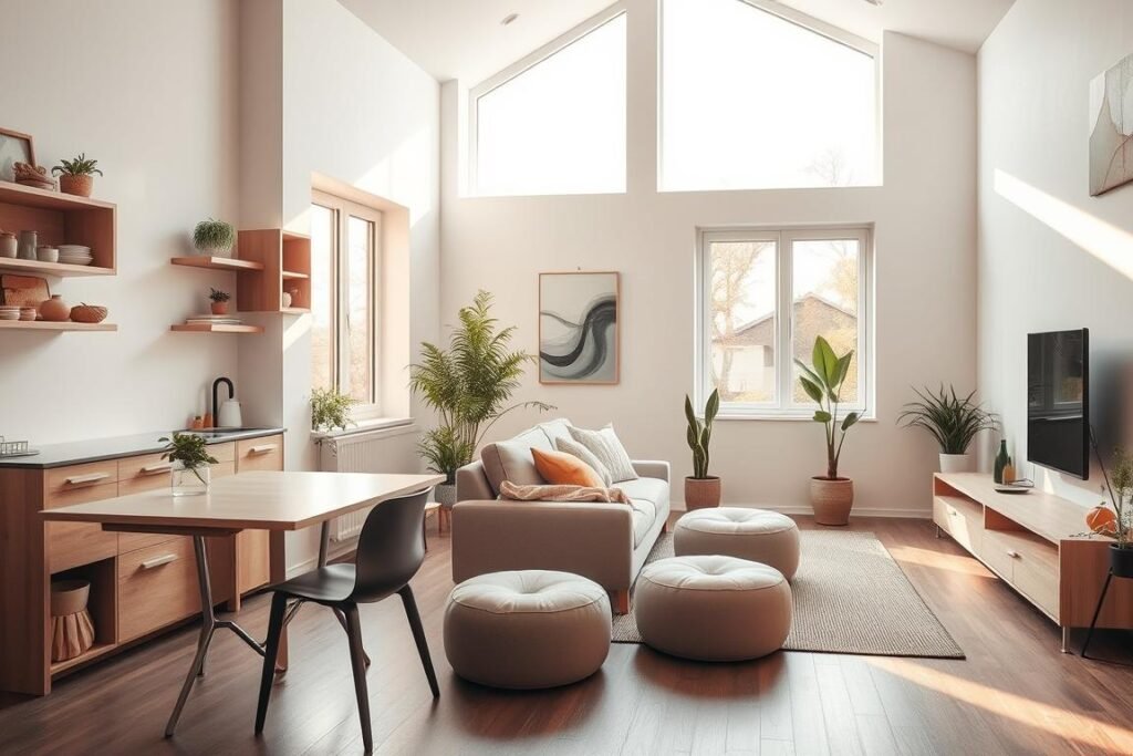 A cozy and well-organized kitchen-living room combo, bathed in warm natural light streaming through large windows. In the foreground, innovative space-saving furniture and storage solutions, like a transforming dining table, wall-mounted shelves, and a compact but functional kitchen with a minimalist design. The middle ground showcases a seamless flow between the cooking and living areas, with a plush sofa, ottomans, and a low-profile entertainment unit. In the background, a serene and calming atmosphere, with plants, abstract artwork, and subtle mood lighting, creating a harmonious and inviting space.