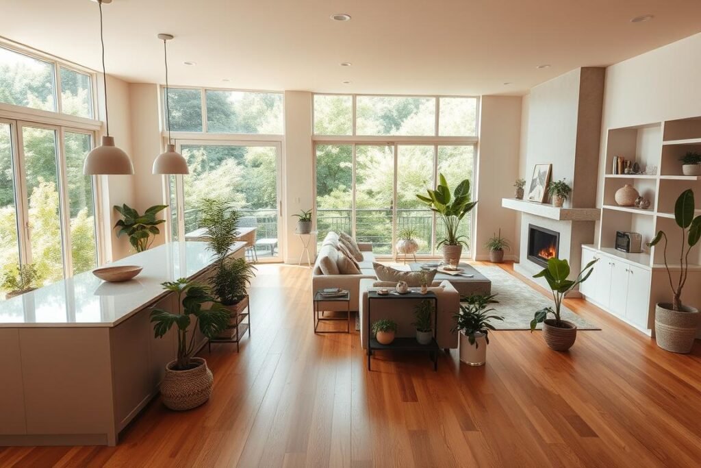 A cozy, open-concept living space with a seamless transition between the kitchen and living room. The room is bathed in warm, natural light from large, floor-to-ceiling windows overlooking a lush, verdant garden. Hardwood floors flow effortlessly between the two areas, creating a unified, cohesive flow. The kitchen features sleek, modern cabinetry in a light, neutral palette, complemented by a minimalist, quartz-topped island. In the living room, plush, neutral-toned furniture is arranged around a central, wood-burning fireplace, its mantel adorned with simple, decorative accents. Lush, potted plants dot the space, adding pops of greenery and a sense of biophilic design. The overall atmosphere is one of serene, harmonious living, where the boundaries between the kitchen and living room seamlessly dissolve.