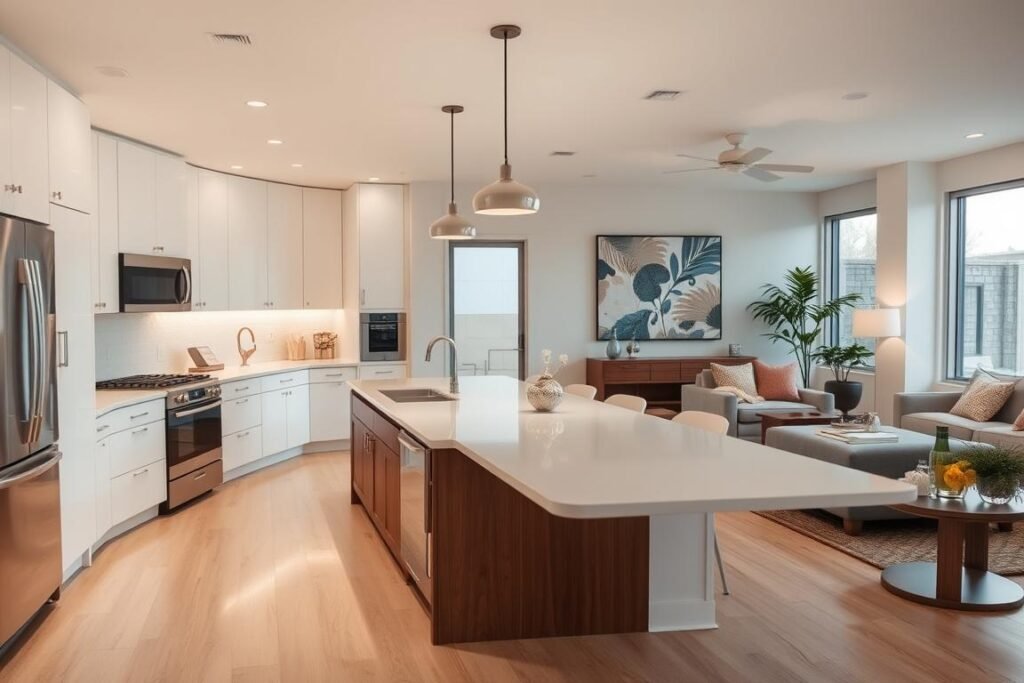 A well-designed kitchen living area with a central island, modern appliances, and ample natural light. The space features sleek, minimalist cabinetry in neutral tones, complemented by a cozy seating arrangement in the adjacent living room. Soft, diffused lighting from overhead fixtures and large windows casts a warm, inviting glow throughout the open-concept layout. Smooth, polished countertops and a mix of wood and metallic accents add visual interest and texture. The overall aesthetic is a harmonious blend of functionality and style, creating a cohesive and visually appealing kitchen-living room combination.