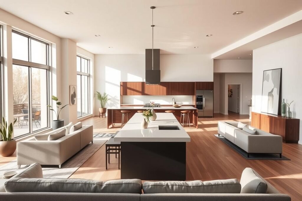 An airy, open-concept kitchen-living room with a harmonious flow, bathed in warm, natural light from large windows. A central island with sleek countertops serves as the focal point, seamlessly connecting the culinary and social spaces. Minimalist furniture, in muted tones, is strategically placed to create distinct yet cohesive zones. Carefully curated decor, such as potted plants and abstract wall art, adds subtle pops of color and texture. The layout emphasizes openness, flexibility, and seamless transition between the kitchen and living area, creating a welcoming, modern, and multifunctional space.