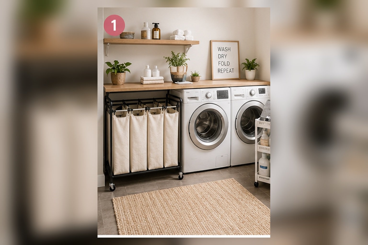Bright organized small laundry room with washer and dryer, laundry sorter, slim rolling cart and lidded hamper