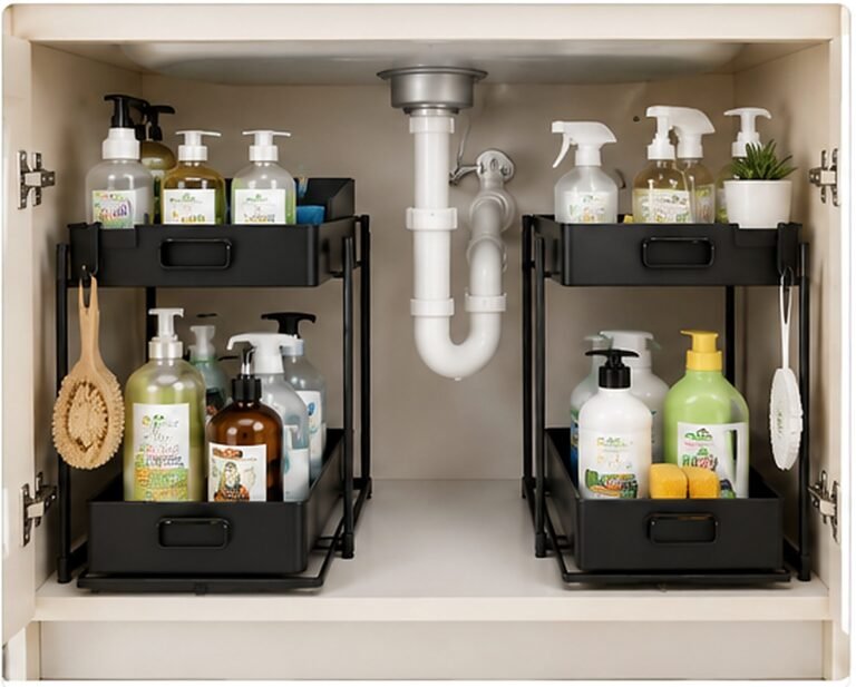 Organized under sink storage in a small kitchen cabinet with plumbing and cleaning supplies