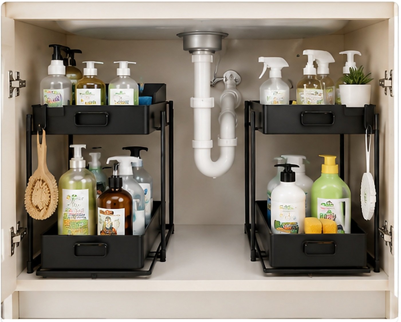 Organized under sink storage in a small kitchen cabinet with plumbing and cleaning supplies