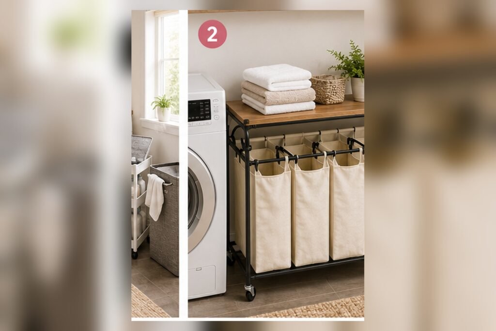 Four-section rolling laundry sorter with separate fabric bags for lights, darks, delicates and towels in a small laundry room