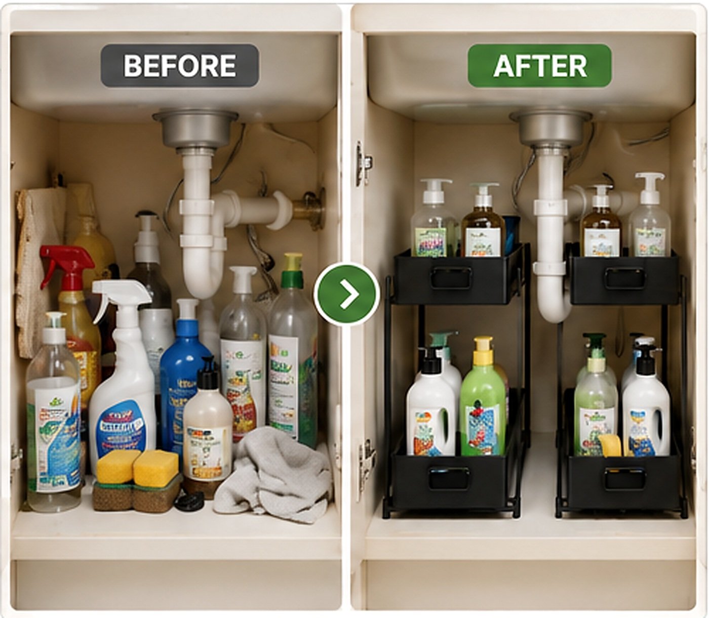 Before and after under sink organization showing a cluttered cabinet transformed with storage organizers
