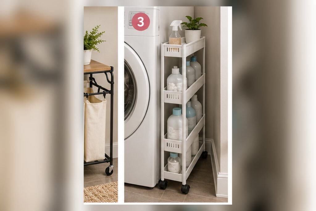 Slim rolling storage cart placed beside a washing machine for detergent and laundry supplies in a narrow gap