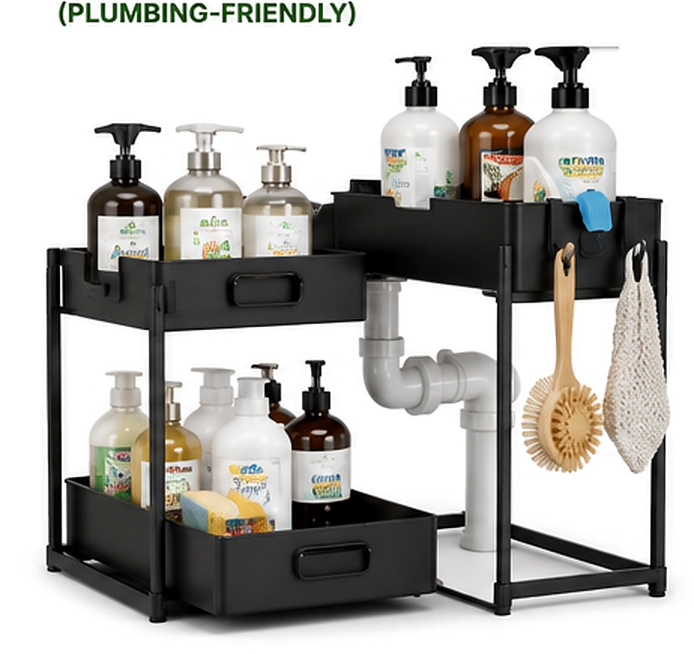 L-shaped under sink storage arranged around plumbing in a small cabinet