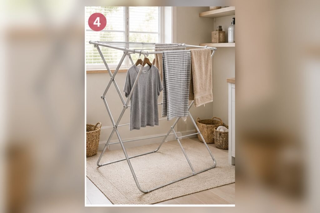 Foldable clothes drying rack opened in a compact laundry room with towels and clothing air-drying