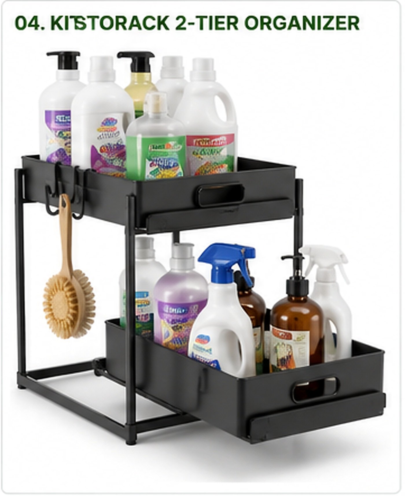 Two-tier under sink organizer holding cleaning supplies in a small cabinet