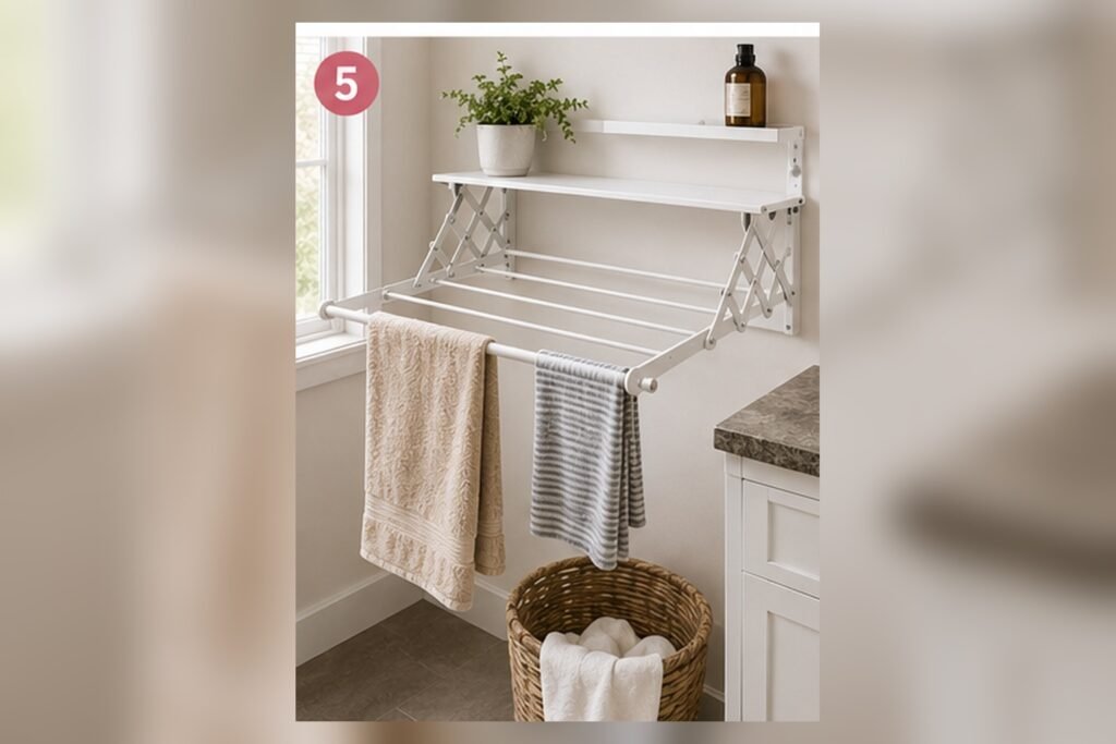 Wall-mounted foldable drying rack with towels in a small laundry room using vertical wall space