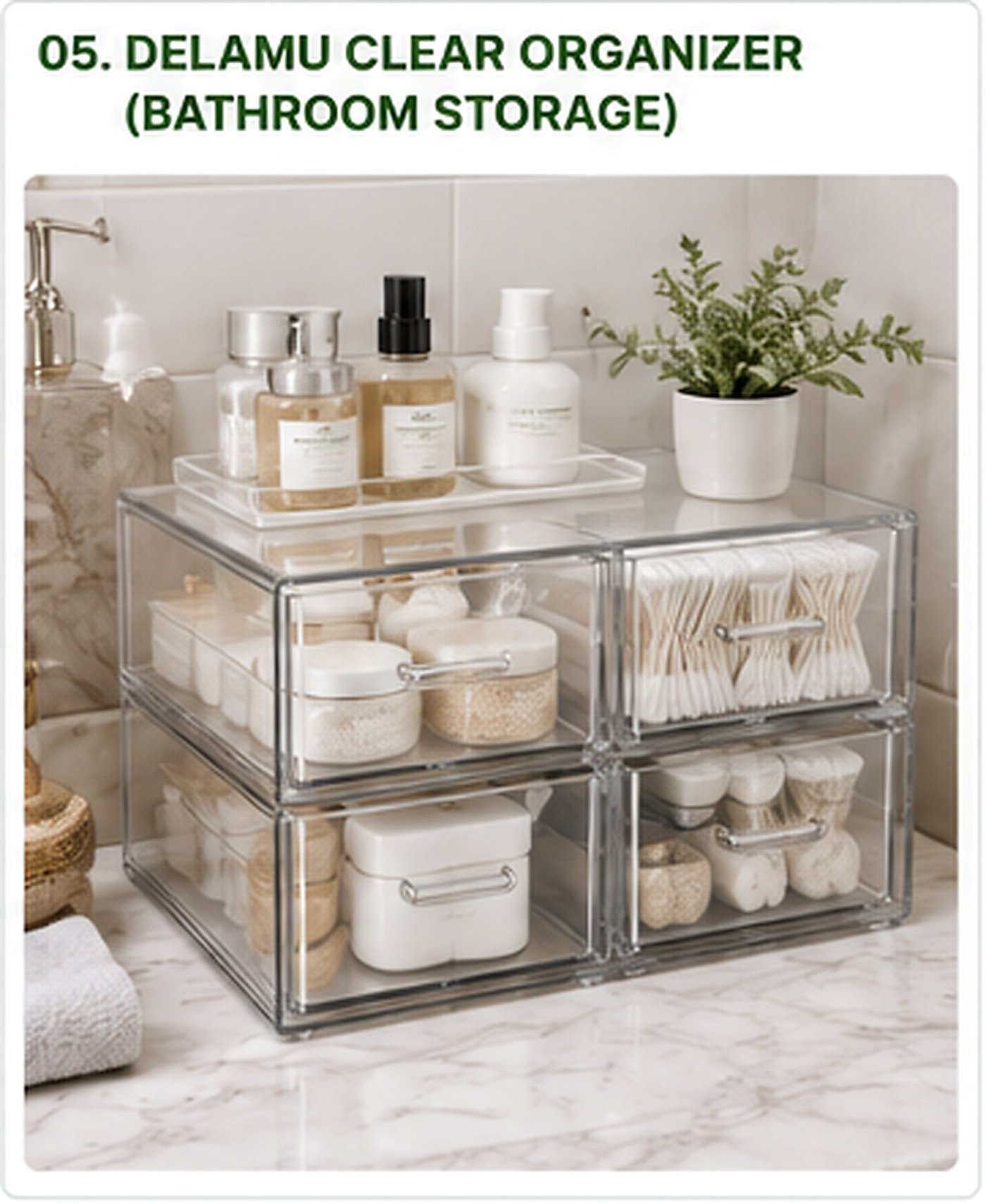 Clear bathroom under sink organizer storing toiletries and small essentials