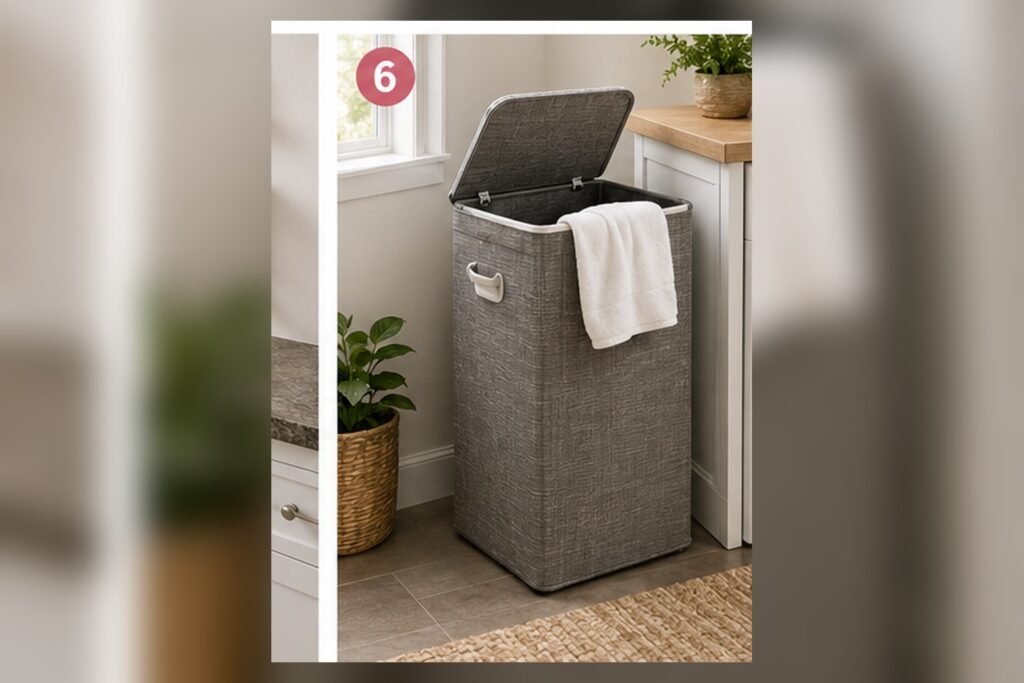 Tall narrow lidded laundry hamper beside a washer in a compact laundry room