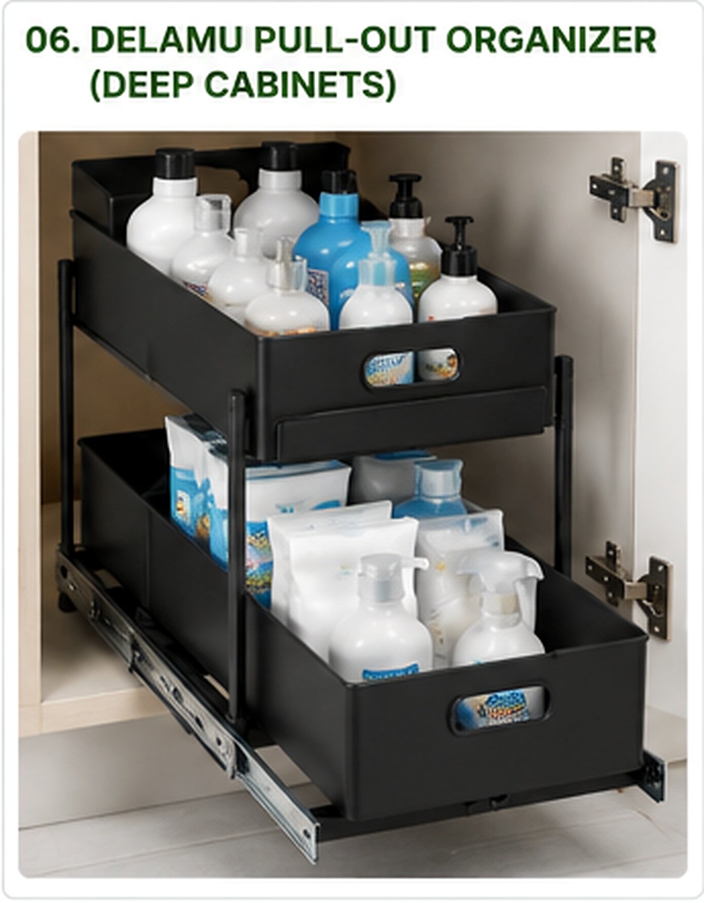 Pull-out under sink storage organizer bringing cleaning supplies forward for easier access