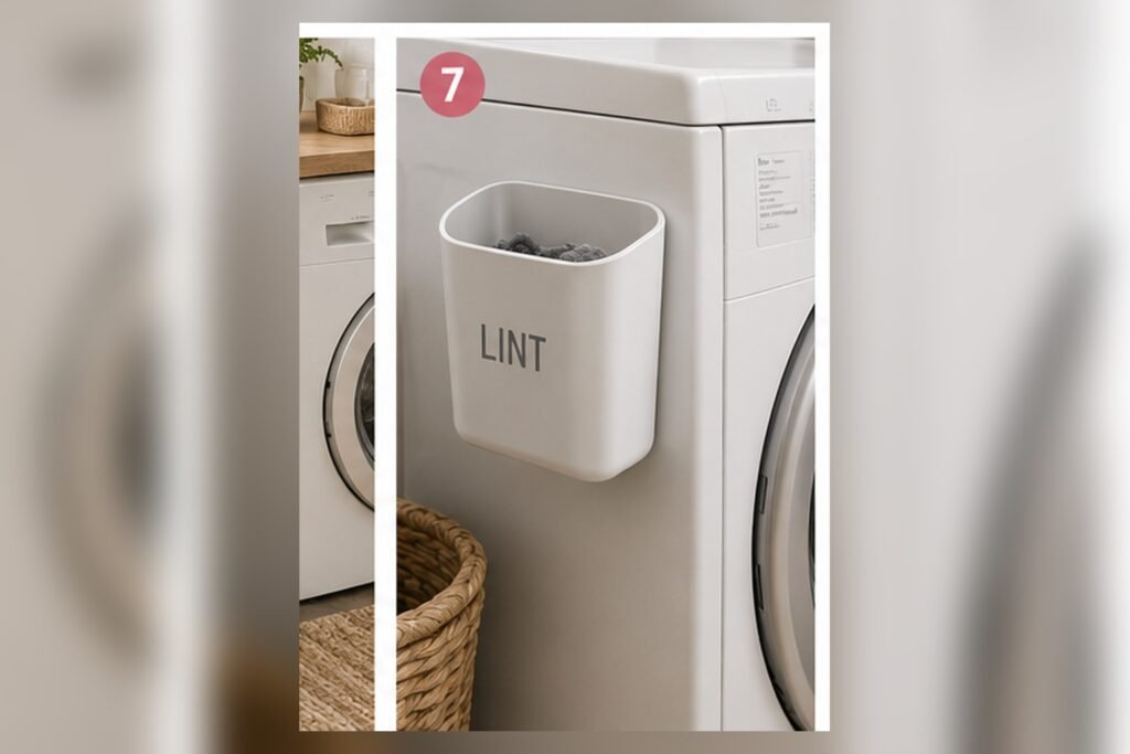 Compact magnetic lint bin attached beside a dryer for collecting lint without using floor space