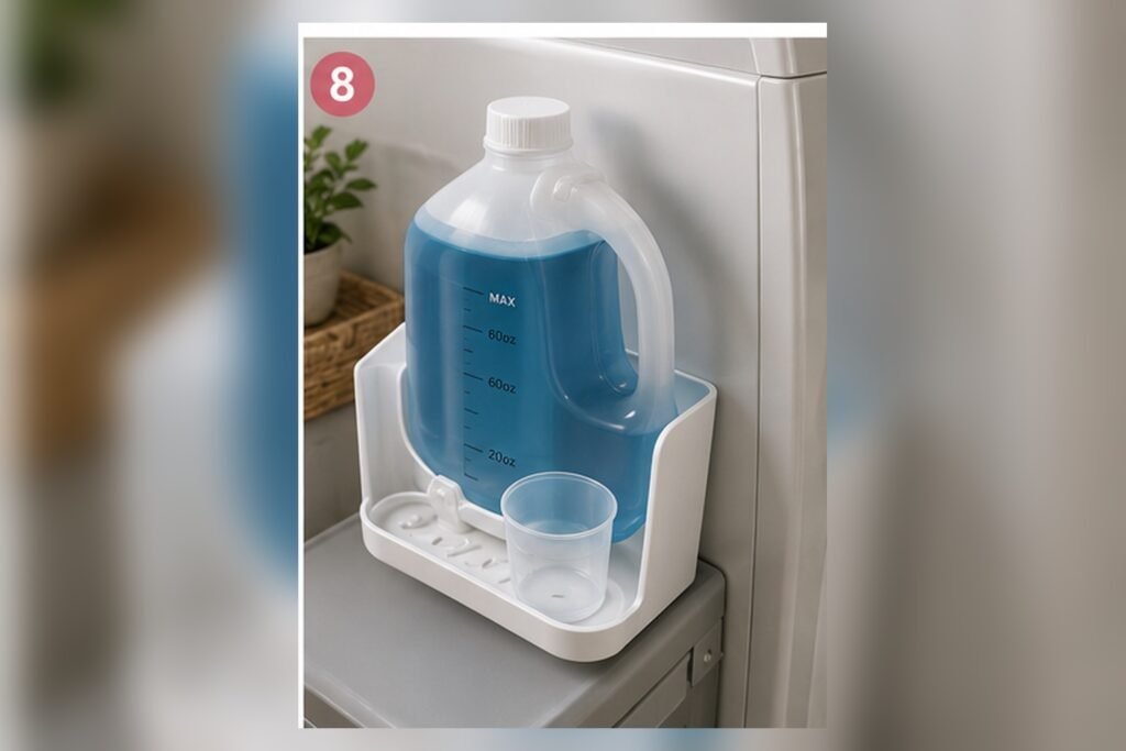 Laundry detergent dispenser with measuring cup holder and drip tray arranged beside a washing machine