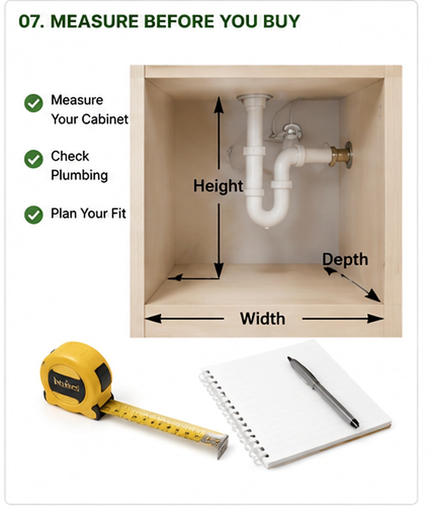 Under sink cabinet measurement guide showing width depth height and plumbing clearance