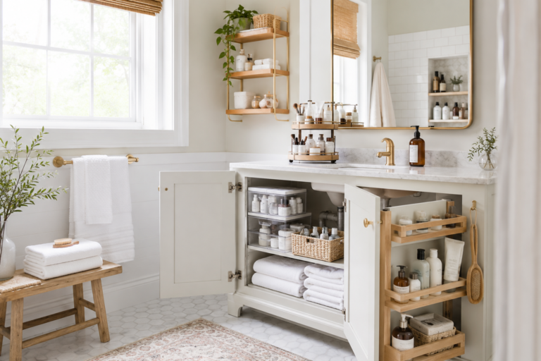 Bright organized small bathroom with smart vanity storage, shelves, towels and bathroom essentials