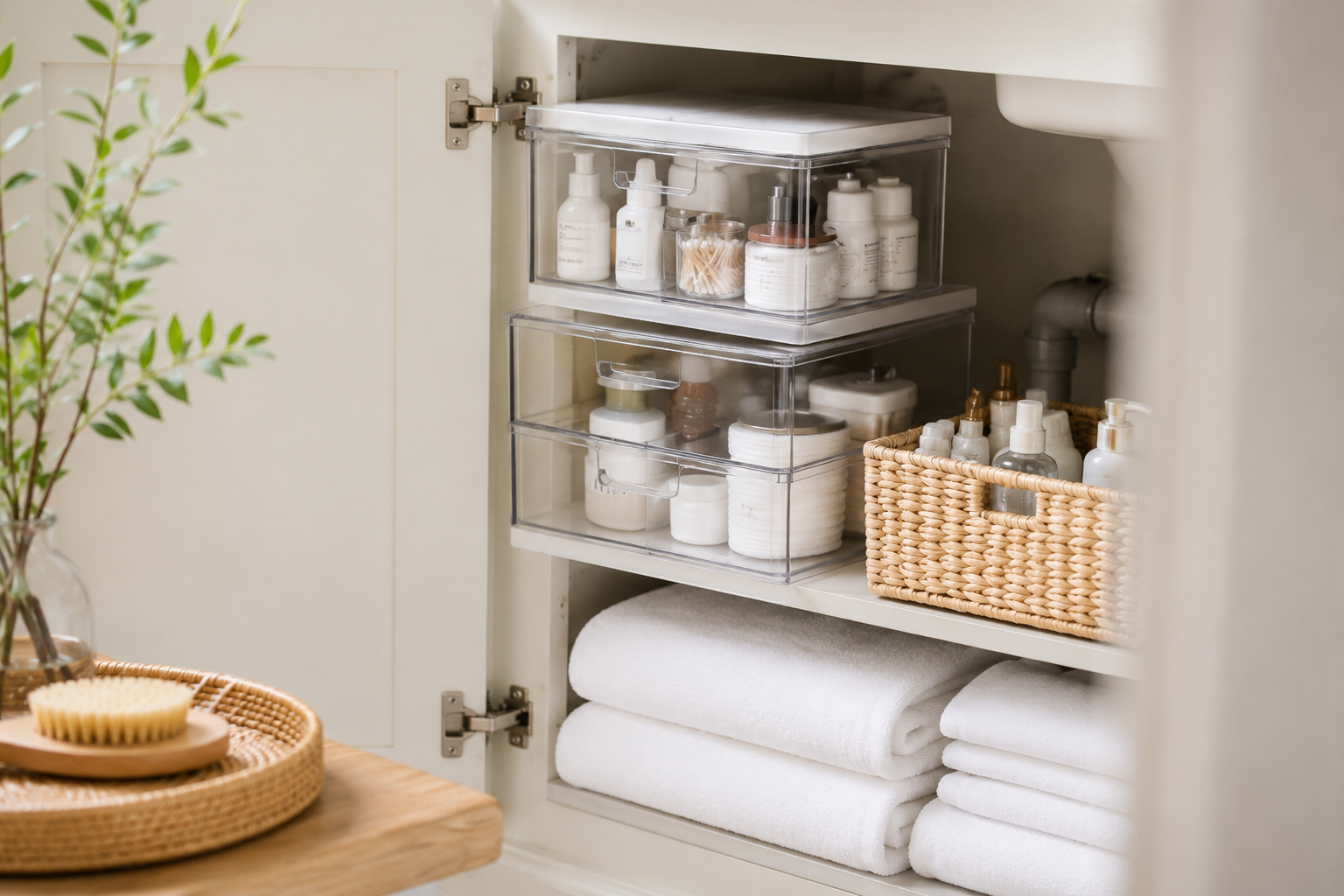 Clear stackable drawers inside a bathroom vanity storing skincare, toiletries and small bathroom essentials