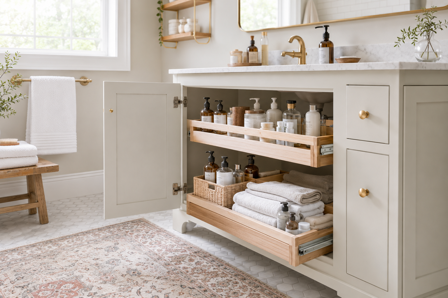 Pull-out bathroom vanity organizer with toiletries, towels and baskets arranged for easier access