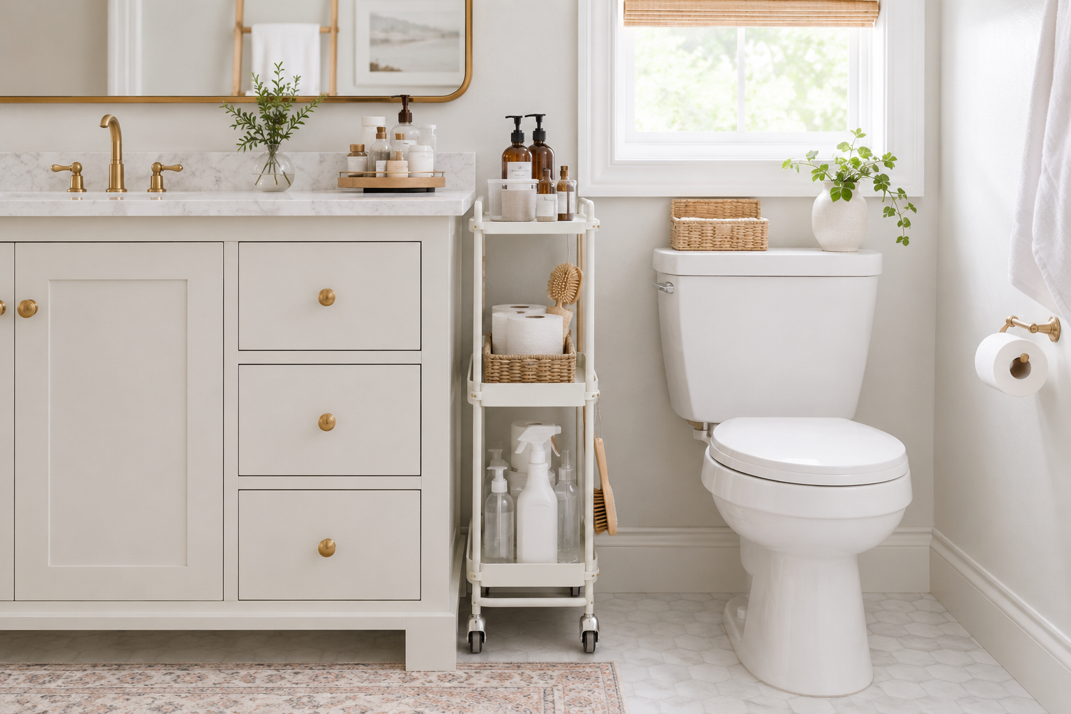 Slim rolling storage cart beside a bathroom vanity holding toilet paper, toiletries and cleaning supplies