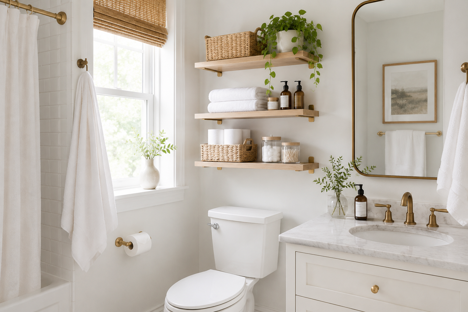 Small bathroom with organized over-the-toilet shelves holding towels, baskets and bathroom essentials