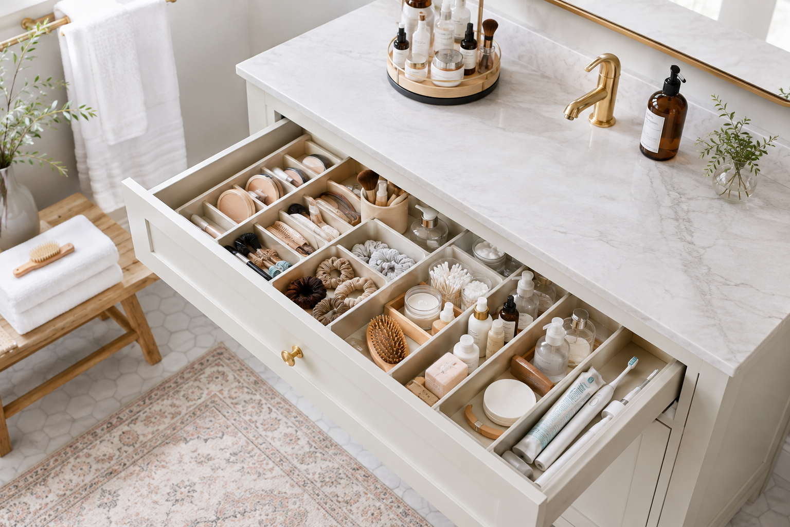 Open bathroom vanity drawer organized with dividers for makeup, skincare, hair accessories and daily essentials