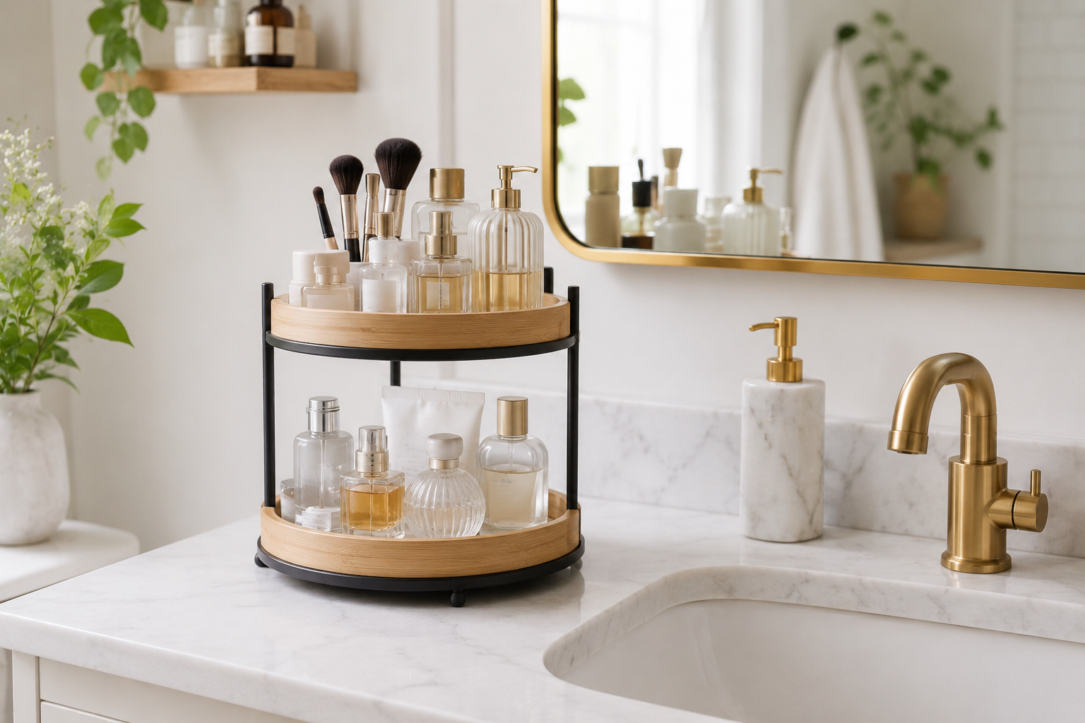 Tiered bathroom countertop organizer holding skincare, fragrance and daily vanity essentials beside a sink