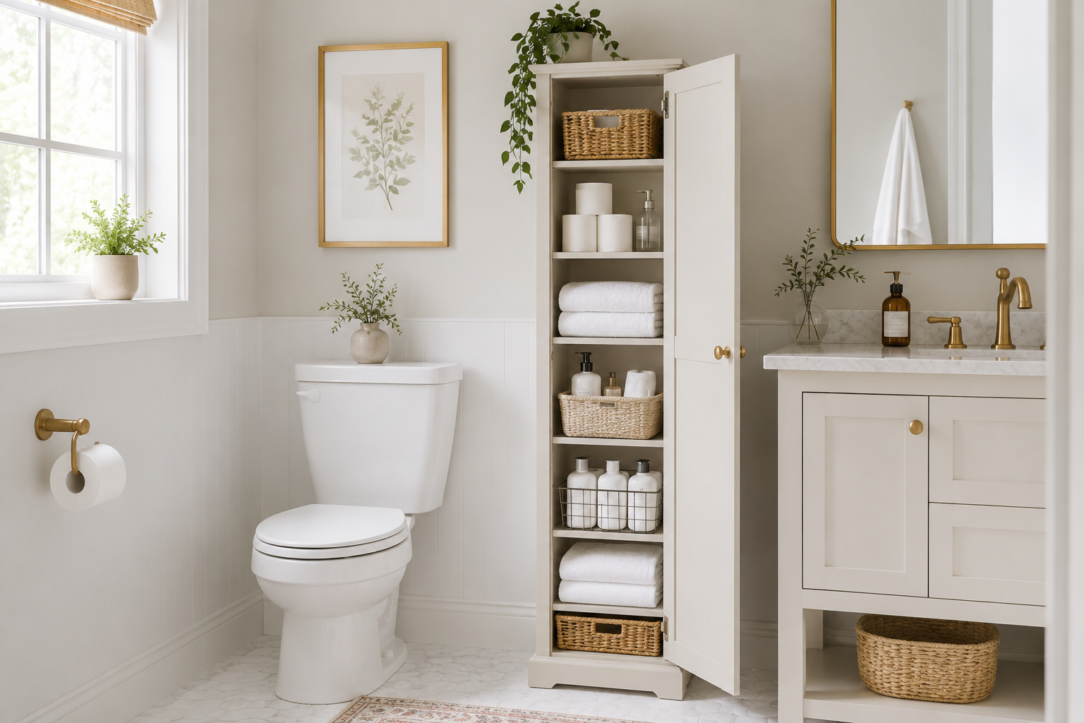 Narrow bathroom storage cabinet with towels, toilet paper, baskets and toiletries in a small bathroom