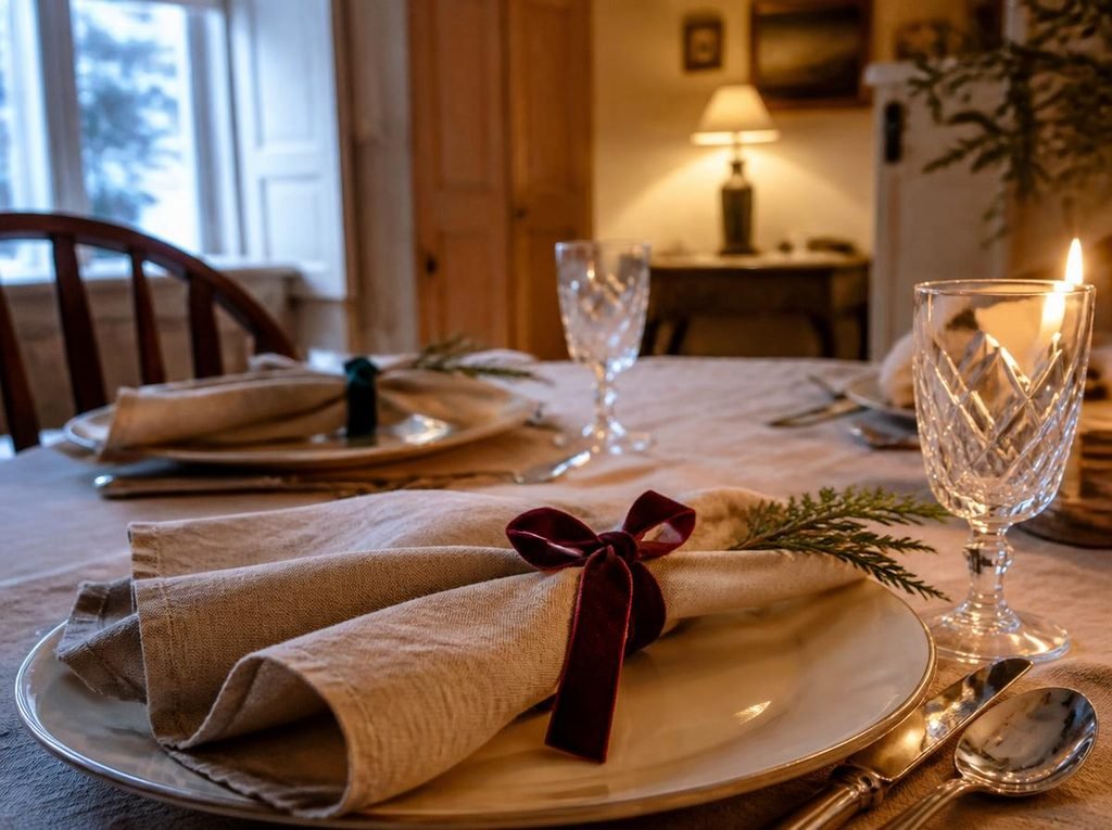Small burgundy velvet bows tied around linen napkins at elegant cream Christmas place settings.
