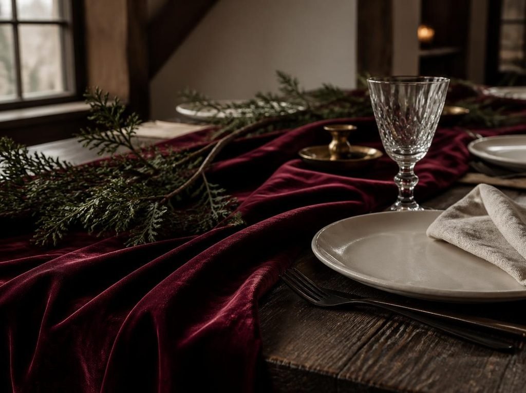 Burgundy velvet table runner styled with cream dinnerware, evergreen branches and clear glassware on an elegant Christmas table.