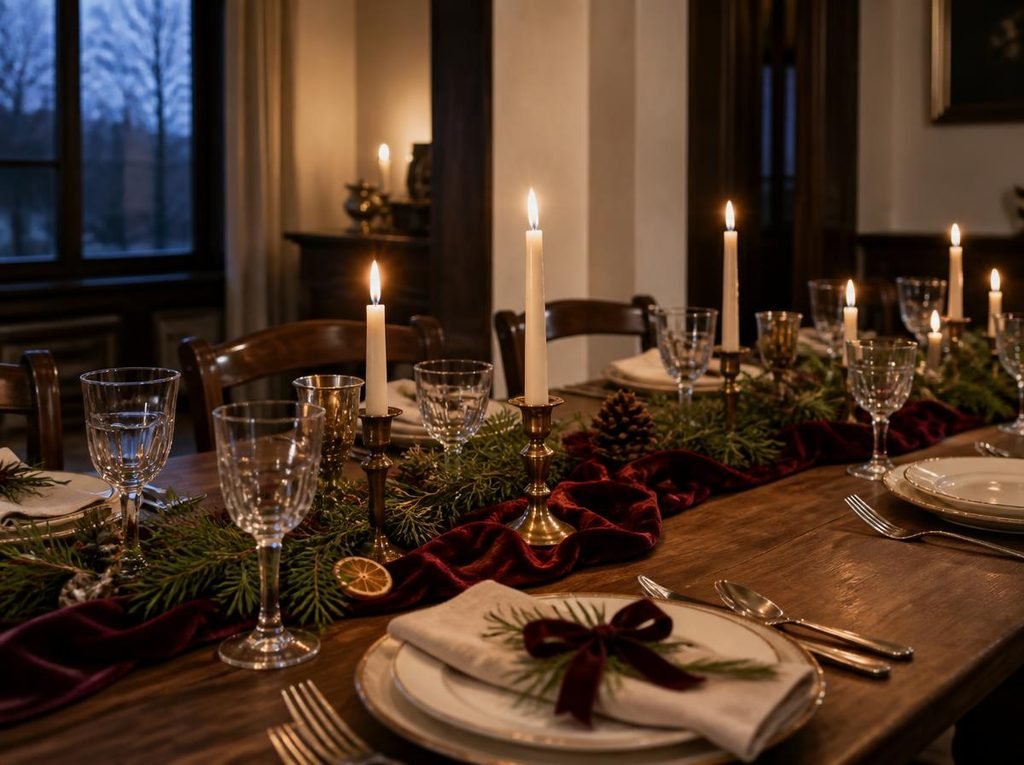 Elegant Christmas table decor with a burgundy velvet runner, evergreen garland, cream dinnerware, brass candle holders and warm candlelight.