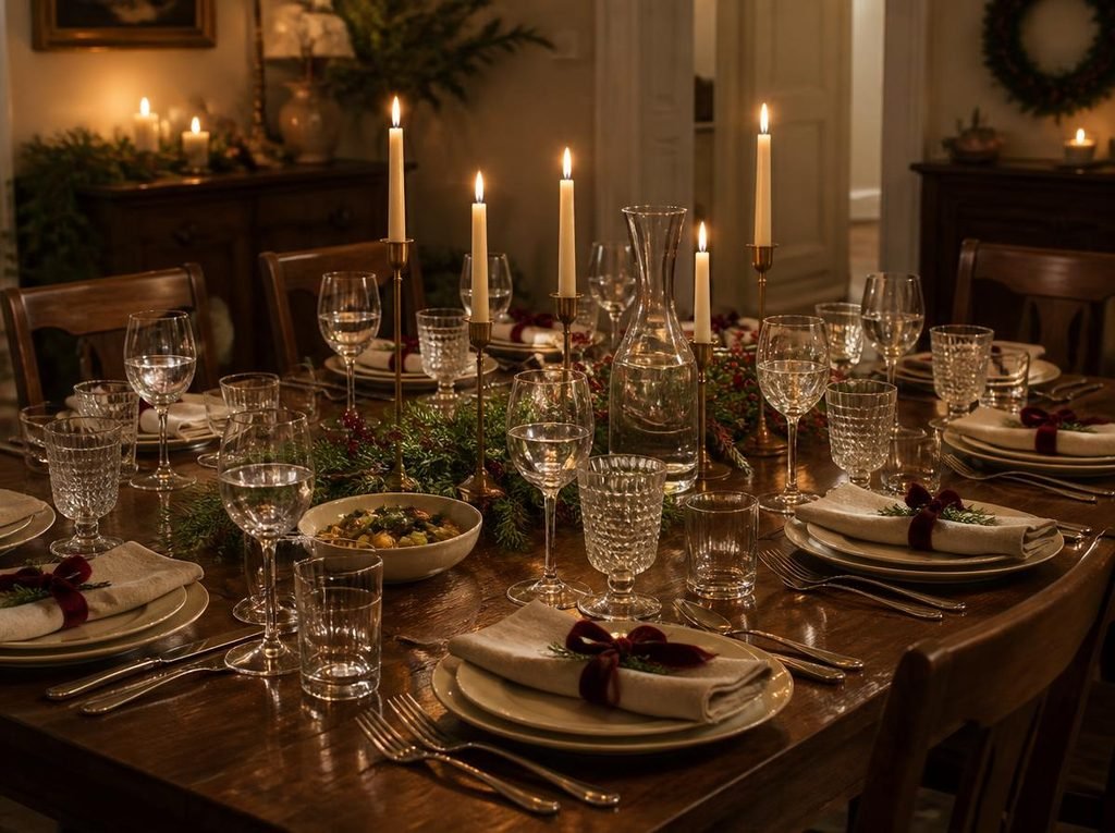 Clear vintage-style goblets reflecting candlelight on an elegant Christmas table with cream dinnerware and evergreen greenery.