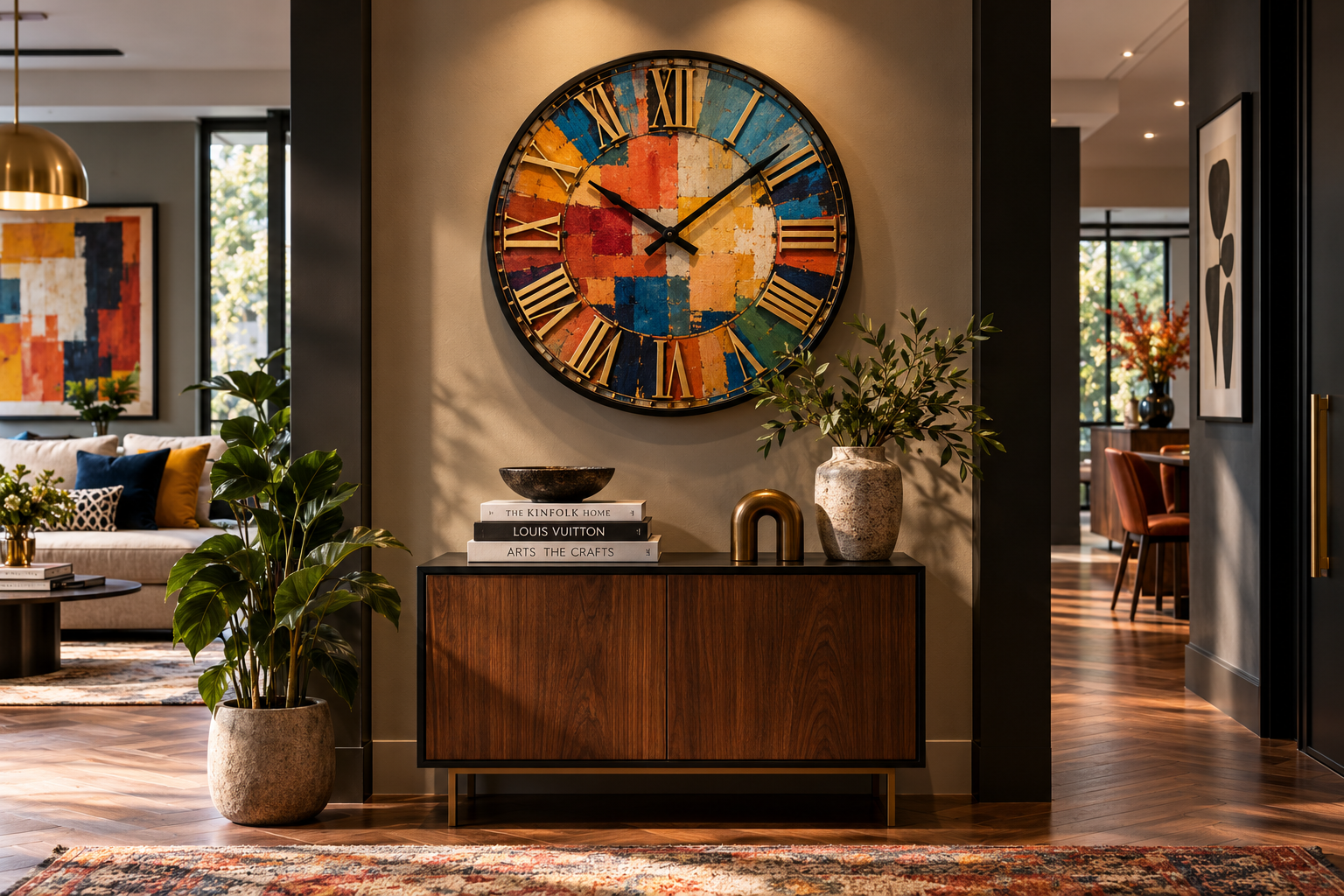 Colorful statement wall clock with Roman numerals in a professionally styled modern entryway