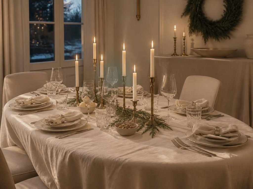 Warm white Christmas table with ivory linen, cream dinnerware, brass candlesticks and a loose evergreen centerpiece.