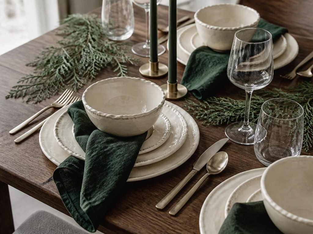 Cream textured dinnerware paired with forest green linen, dark green candles and cedar on an elegant Christmas table.