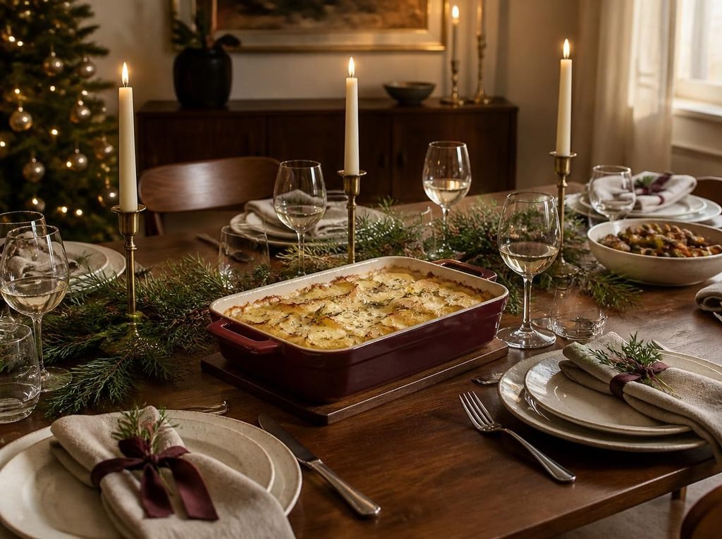 Elegant ceramic baking dish served directly on a Christmas table with cream dinnerware, greenery and warm candlelight.