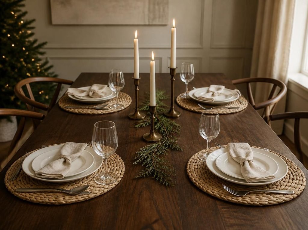 Natural woven placemat layered beneath cream porcelain, linen and polished flatware on an elegant Christmas table.