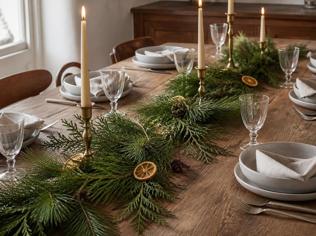 Loose cedar and pine garland woven between candles along the center of an elegant Christmas dining table.