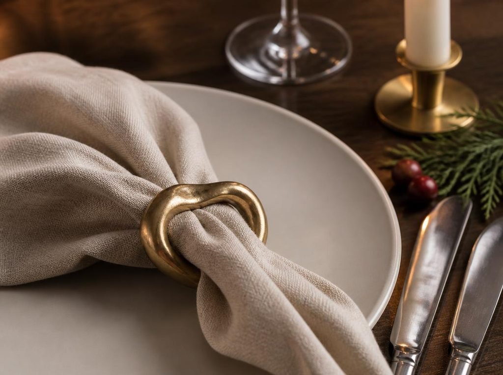 Sculptural gold napkin ring holding an ivory linen napkin beside cream dinnerware on an elegant Christmas table.