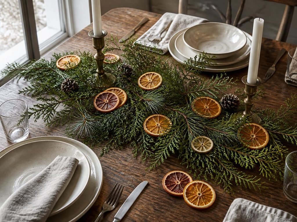 Dried orange slices tucked into fresh cedar and pine greenery with brass candles on a natural Christmas table.