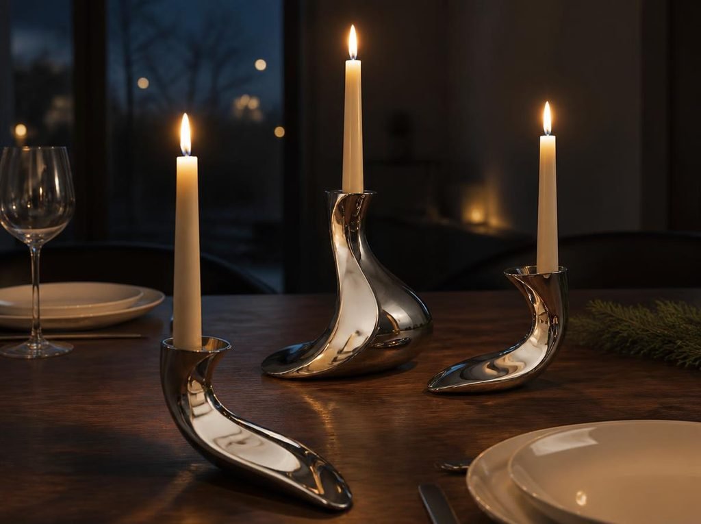 Sculptural polished-metal candle holders with ivory taper candles on an elegant modern Christmas dining table.