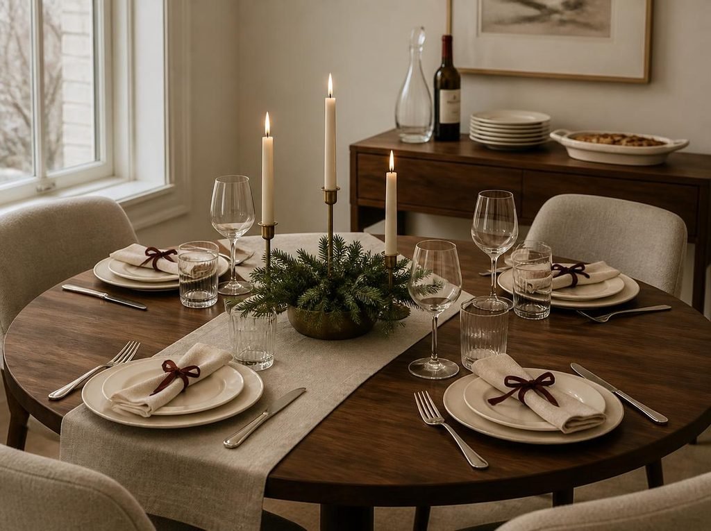 Small Christmas dining table for four styled with a narrow runner, low evergreen arrangement and a few brass candle holders.