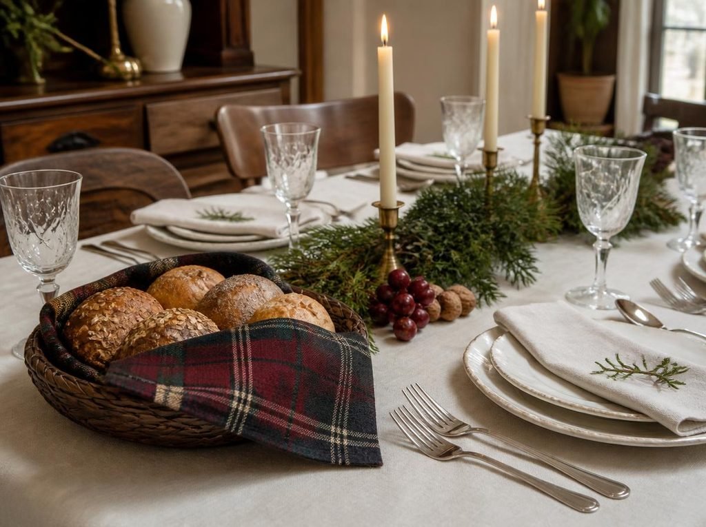 Muted burgundy and forest green tartan napkin accent on an elegant Christmas table with cream dinnerware and aged brass.