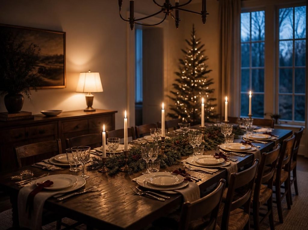 Elegant Christmas dining table illuminated with taper candles, a warm sideboard lamp and soft ambient holiday lighting.