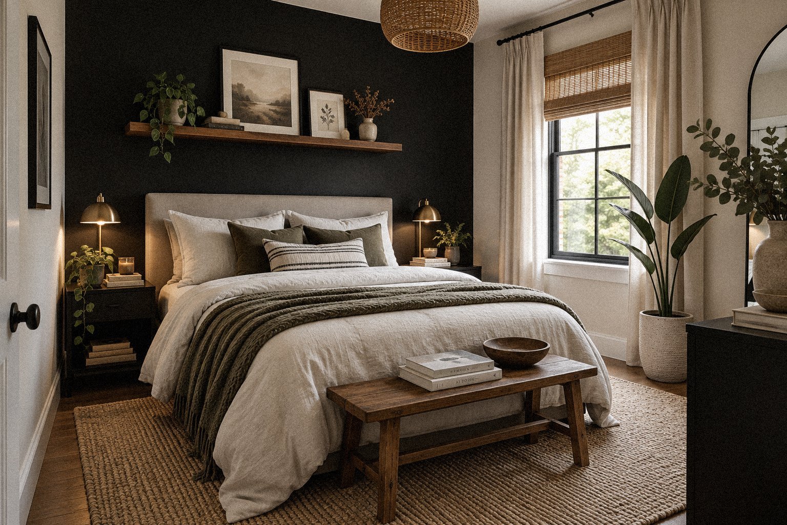 Black bedroom wall paired with warm wood furniture and neutral bedding